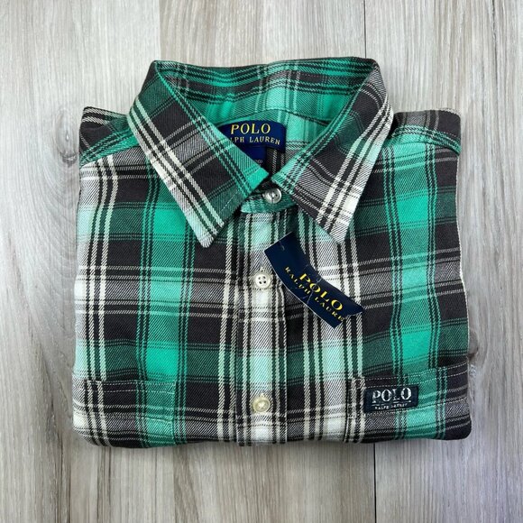 POLO RALPH LAUREN Boys XL (18-20) Long Sleeve Button Up Plaid Flannel Green - Picture 1 of 13
